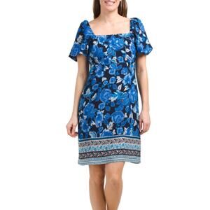 NWT JULIA JORDAN Women's Puff Sleeve Square Neck Border Hem Floral Mini Dress